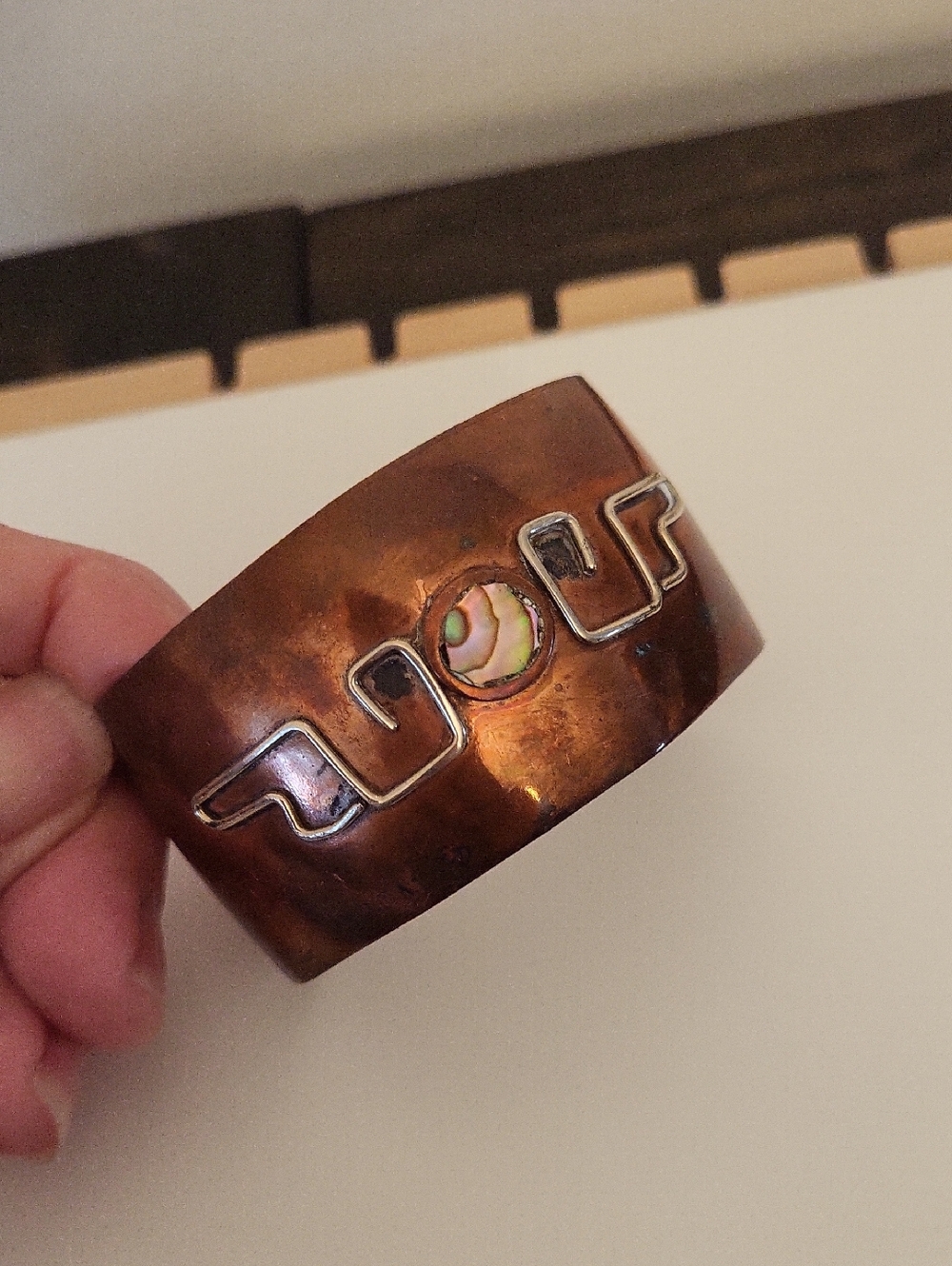 Vintage Copper Cuff Bracelet with Abalone Inlay & Wire Overlay